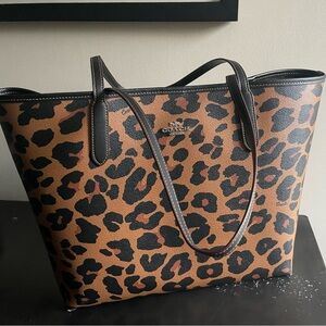 Coach City Tote with Leopard Print and Signature Canvas Interior